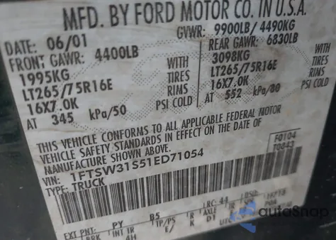 2001 Ford F-350 Lariat/Xl/Xlt из США, поврежденный, VIN 1FTSW31S51ED71054